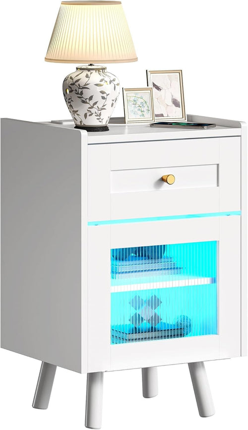 White LED Bedside Table | Nightstand with Drawer & Adjustable Shelf 40×62cm