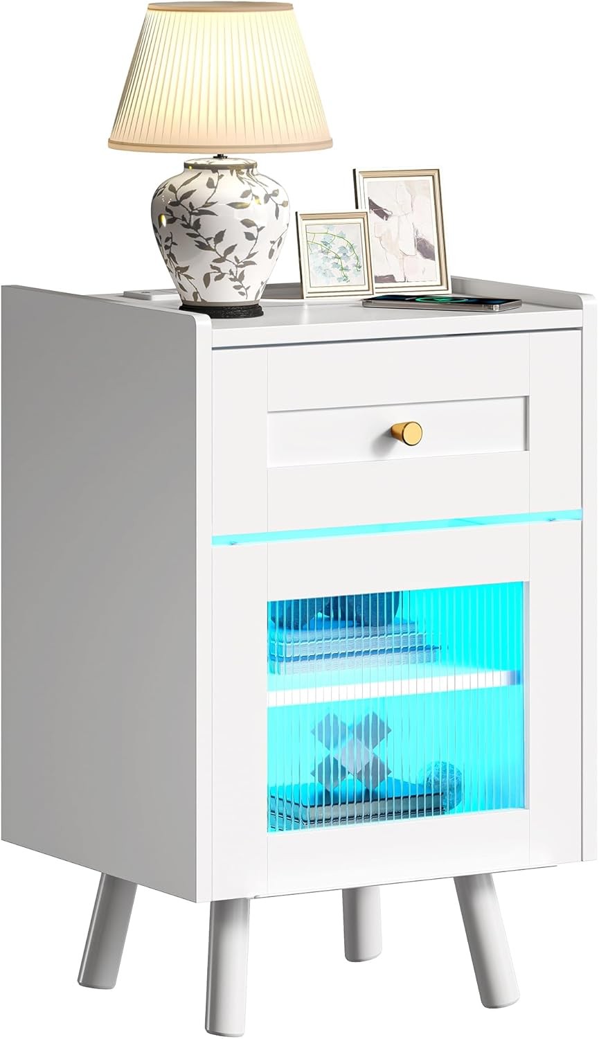White LED Bedside Table | Nightstand with Drawer & Adjustable Shelf 40×62cm
