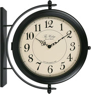 16” Double Sided Wall Clock Black Iron Retro Station Outdoor Indoor Decor