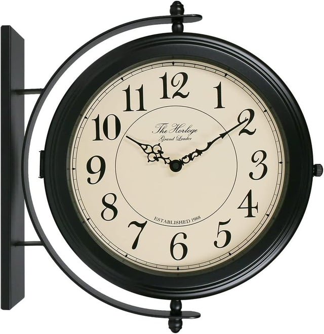 16” Double Sided Wall Clock Black Iron Retro Station Outdoor Indoor Decor