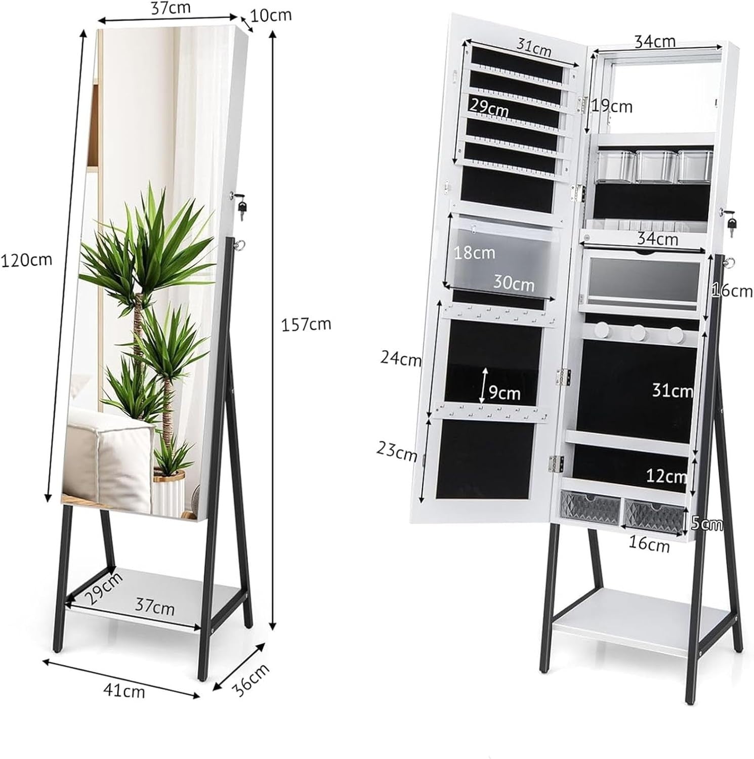 2 in 1 Standing Mirror Jewelry Armoire LED Light Lockable Storage Cabinet