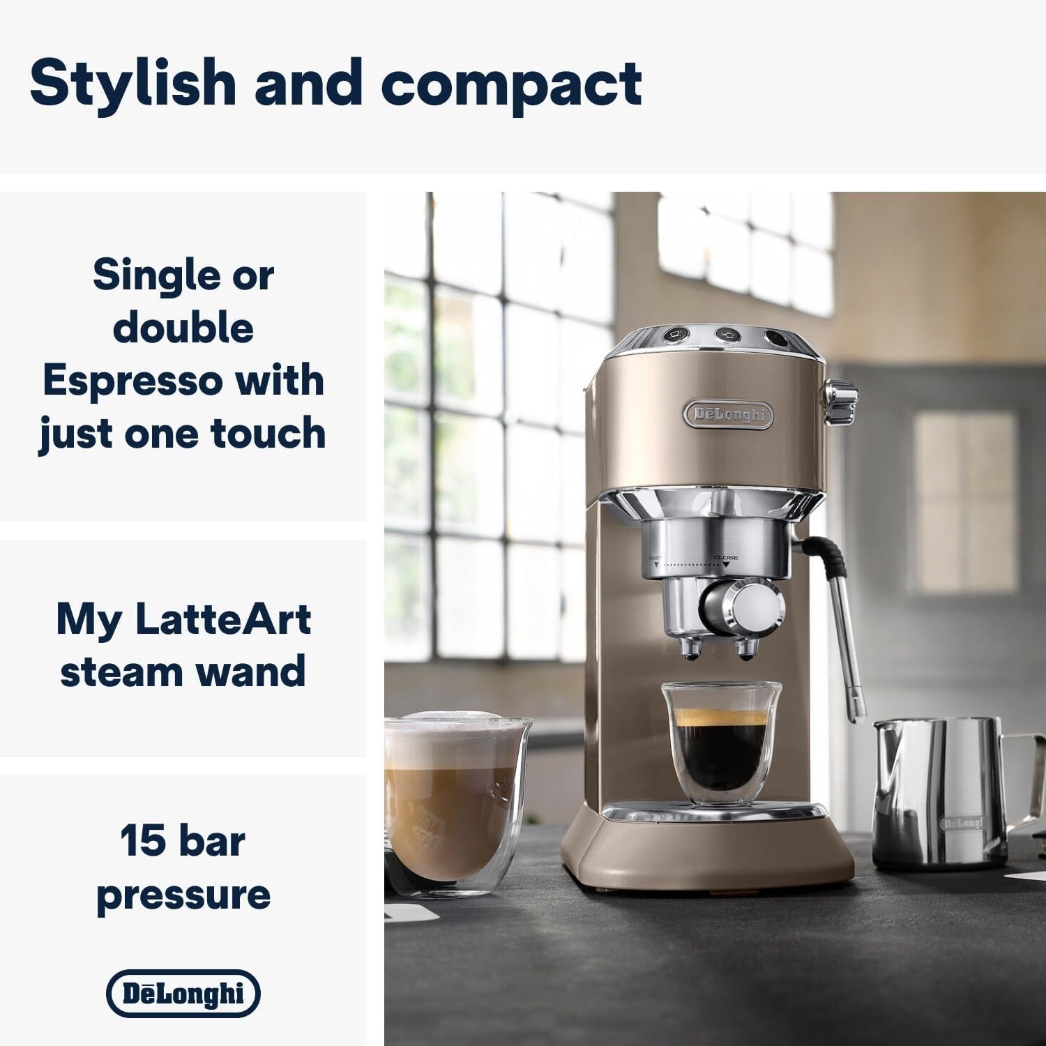Compact Barista Espresso Machine | 15-Bar Pump | LatteArt Steam Wand | Slim 15cm