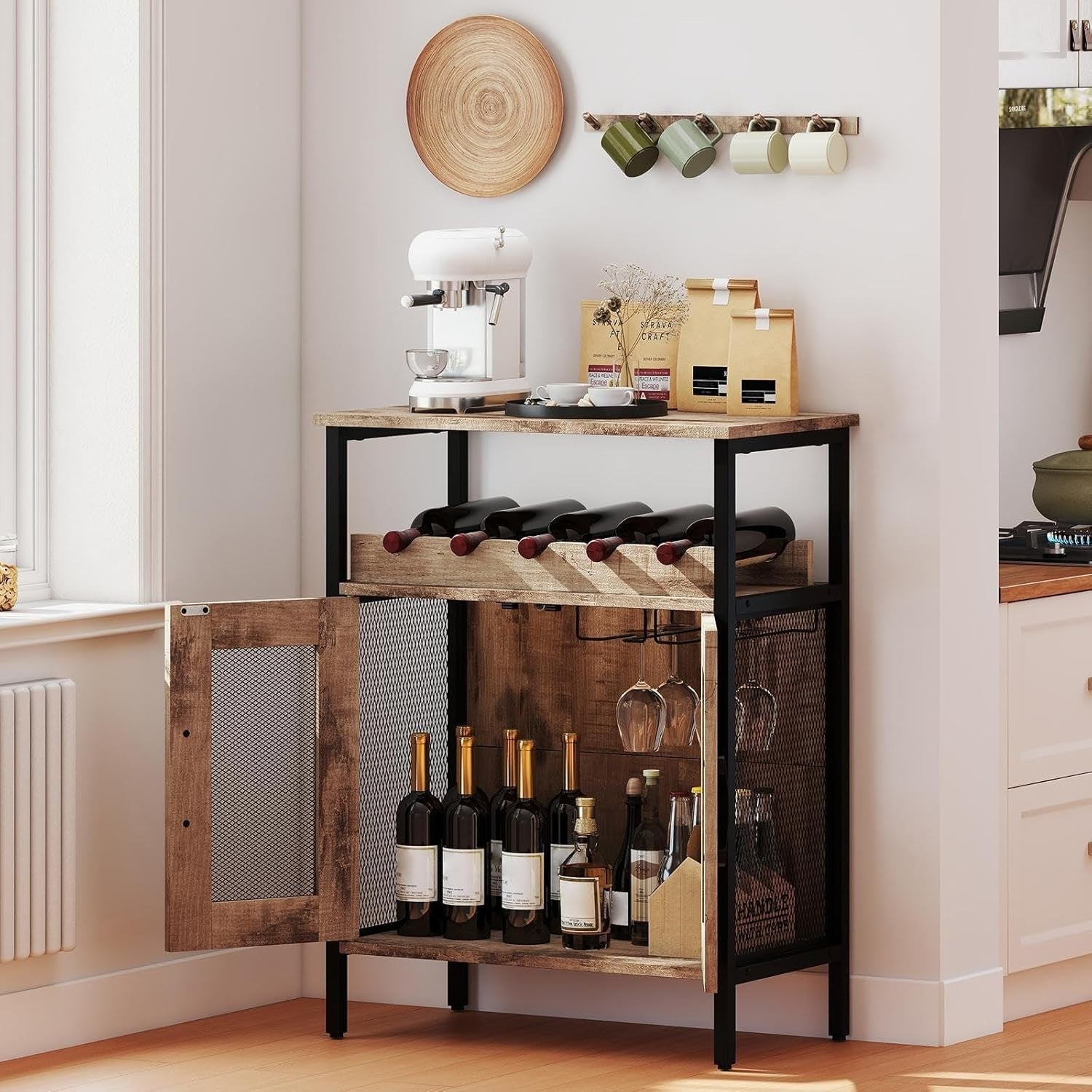 Grey Wash Wine Bar Cabinet with Glass Holder & Bottle Rack Freestanding