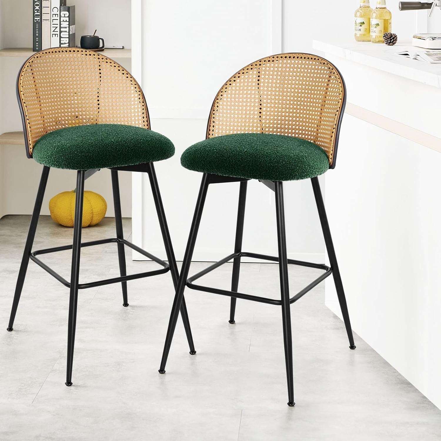 360° Swivel Counter Stools Set of 2 Rattan Upholstered Kitchen Island Seats