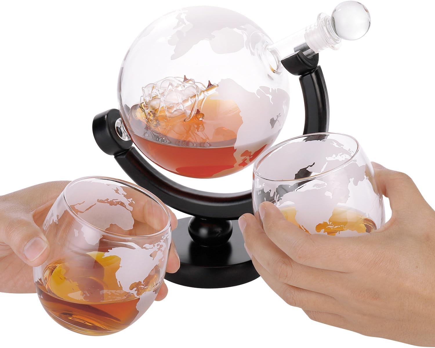 Whiskey Globe Decanter Set 850ml with Stand, 2 Glasses & Keychain Opener