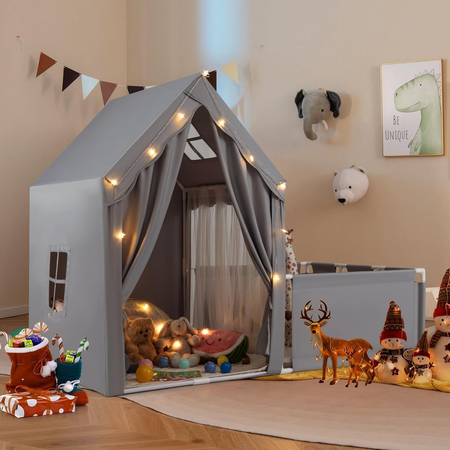 Kids Play Tent Grey Castle with Lights Mat Indoor Toddler Playhouse