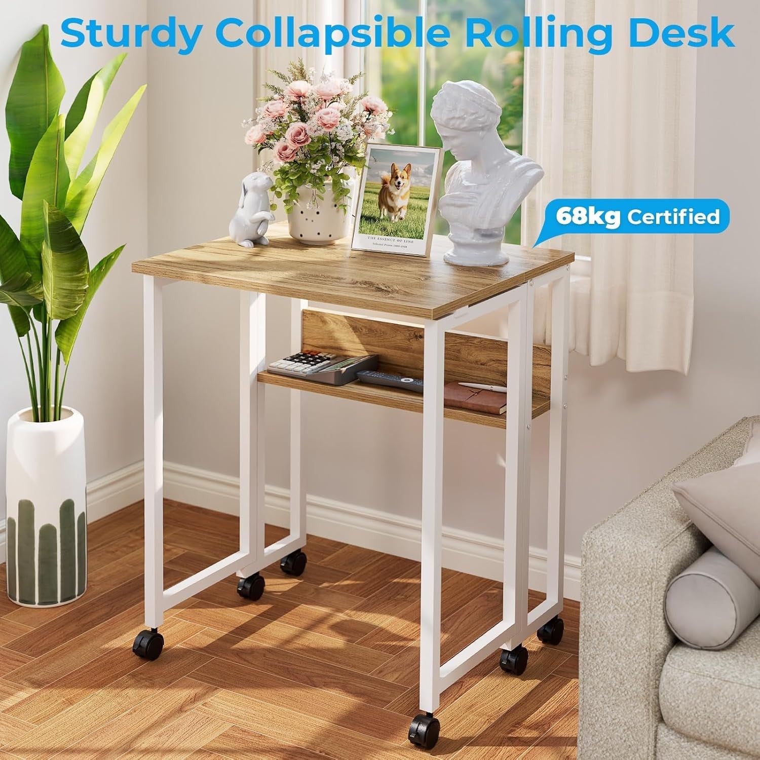 Small Folding Desk with Storage Shelf Rolling Computer Desk for Home Office
