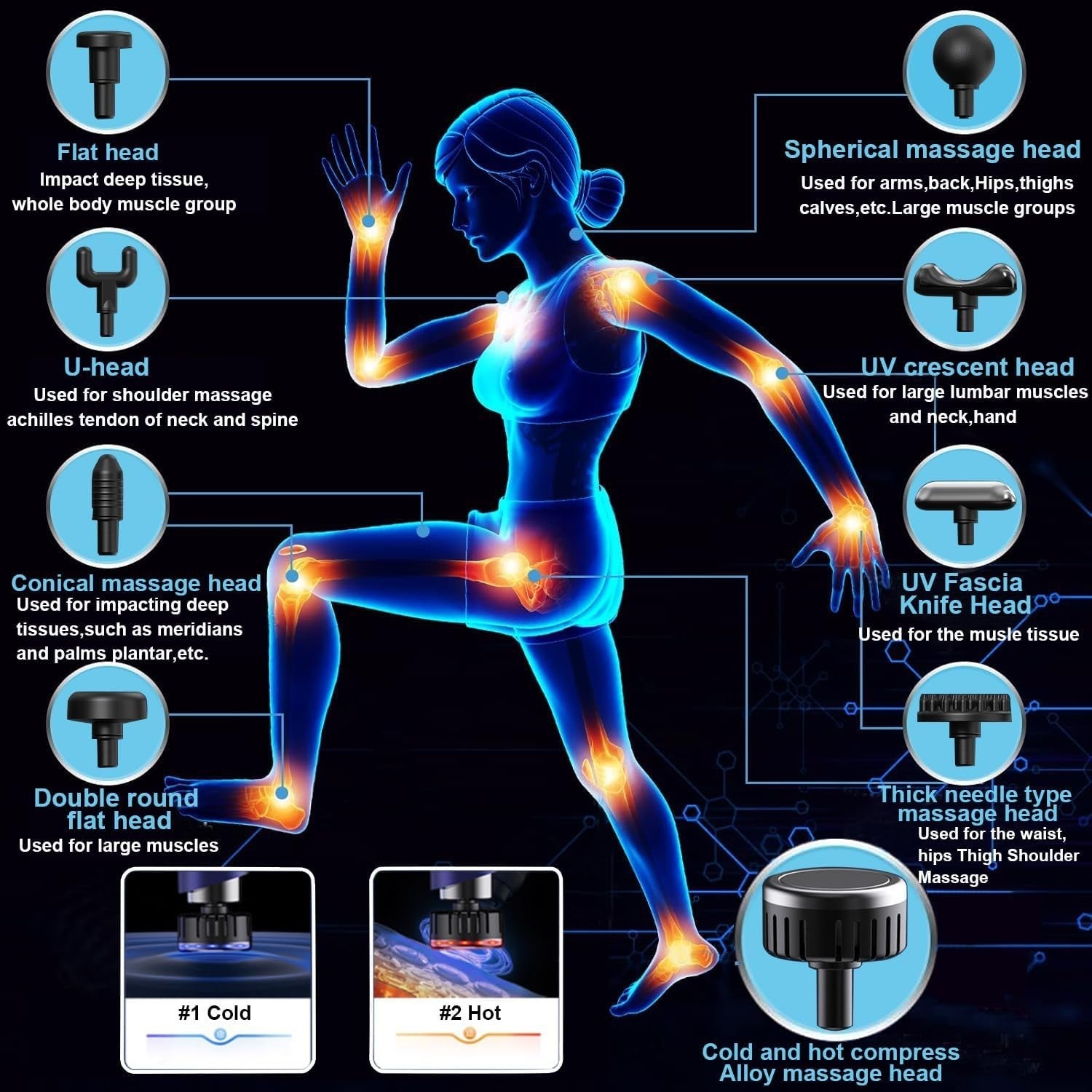 Hot & Cold Massage Gun Deep Tissue Muscle Relief 9 Heads Quiet Cordless