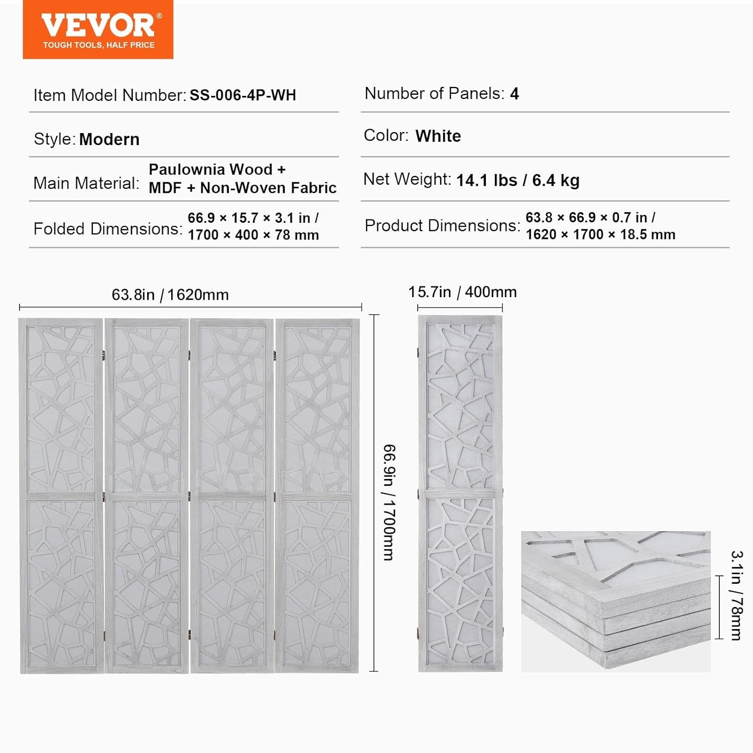 4 Panel White Carved Wood Folding Room Divider Privacy Screen 162x170cm