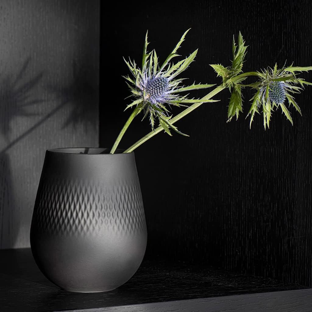 Modern Black Porcelain Vase Square Textured Decor 14cm Table Centrepiece
