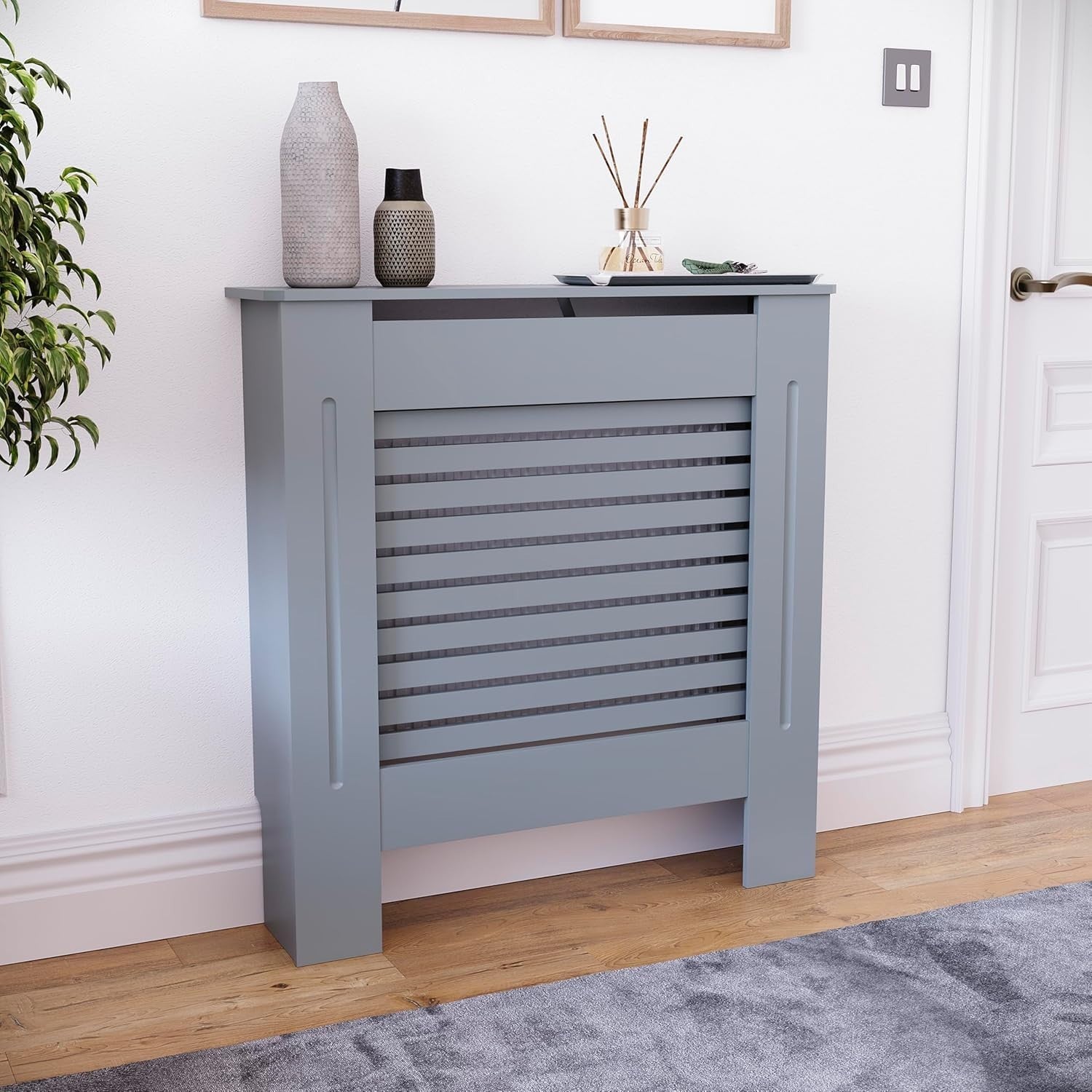 Small Grey Radiator Cover 68x80x16cm Modern MDF Slatted Cabinet for Home Safety