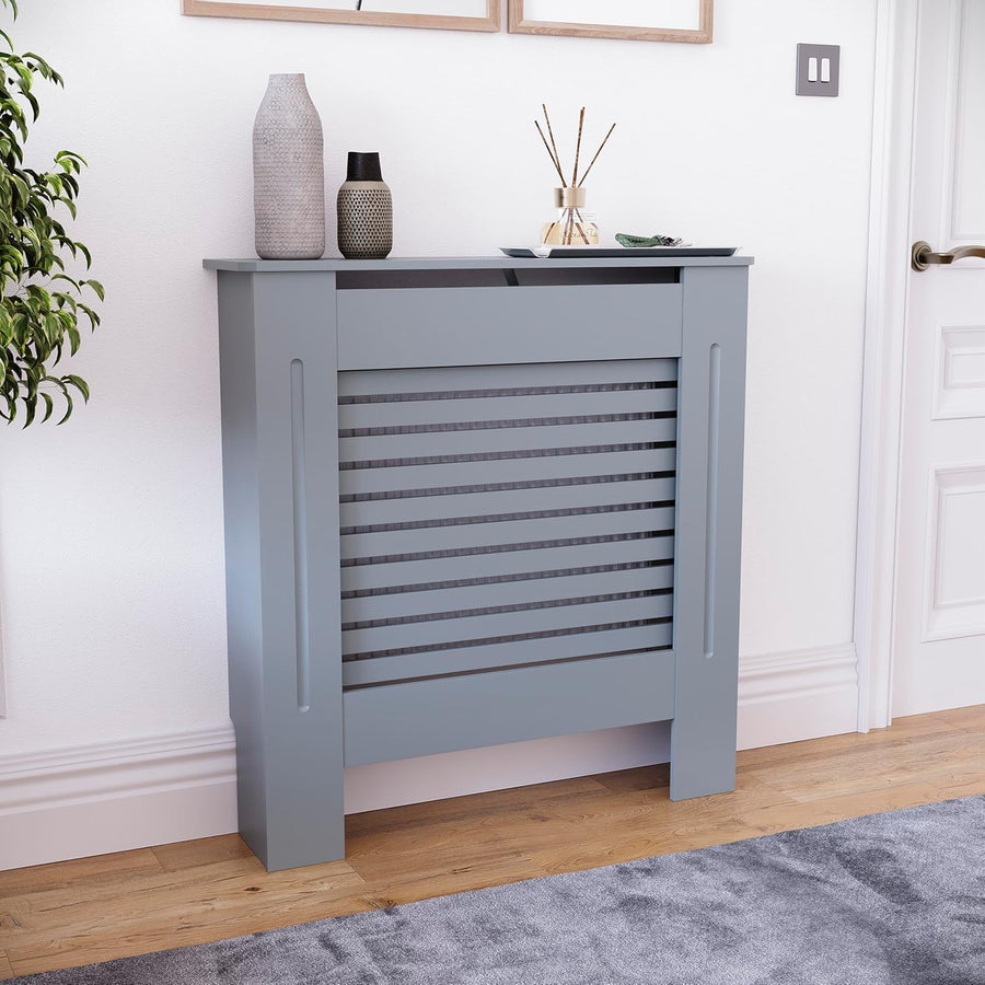 Small Grey Radiator Cover 68x80x16cm Modern MDF Slatted Cabinet for Home Safety