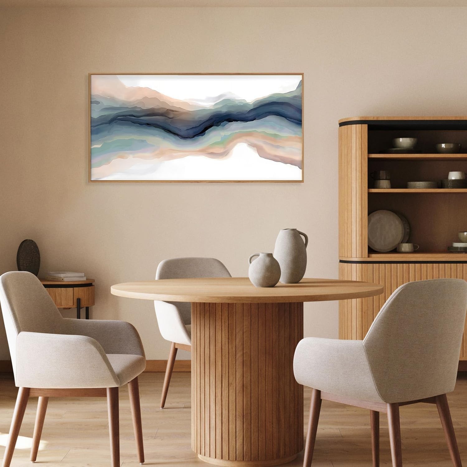 Blue Abstract Line Framed Canvas Wall Art Modern Watercolor Wave 20x40