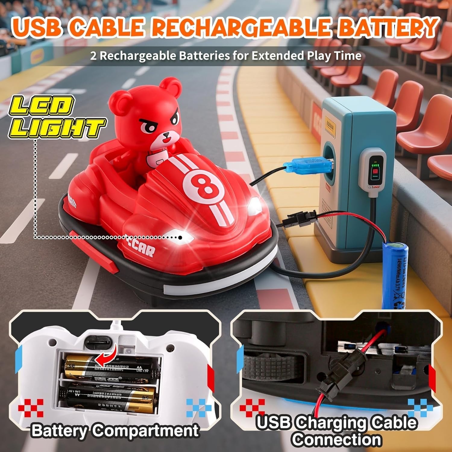 2PCS RC Bumper Car Set with Music Lights & Soccer Game for Kids 5-8