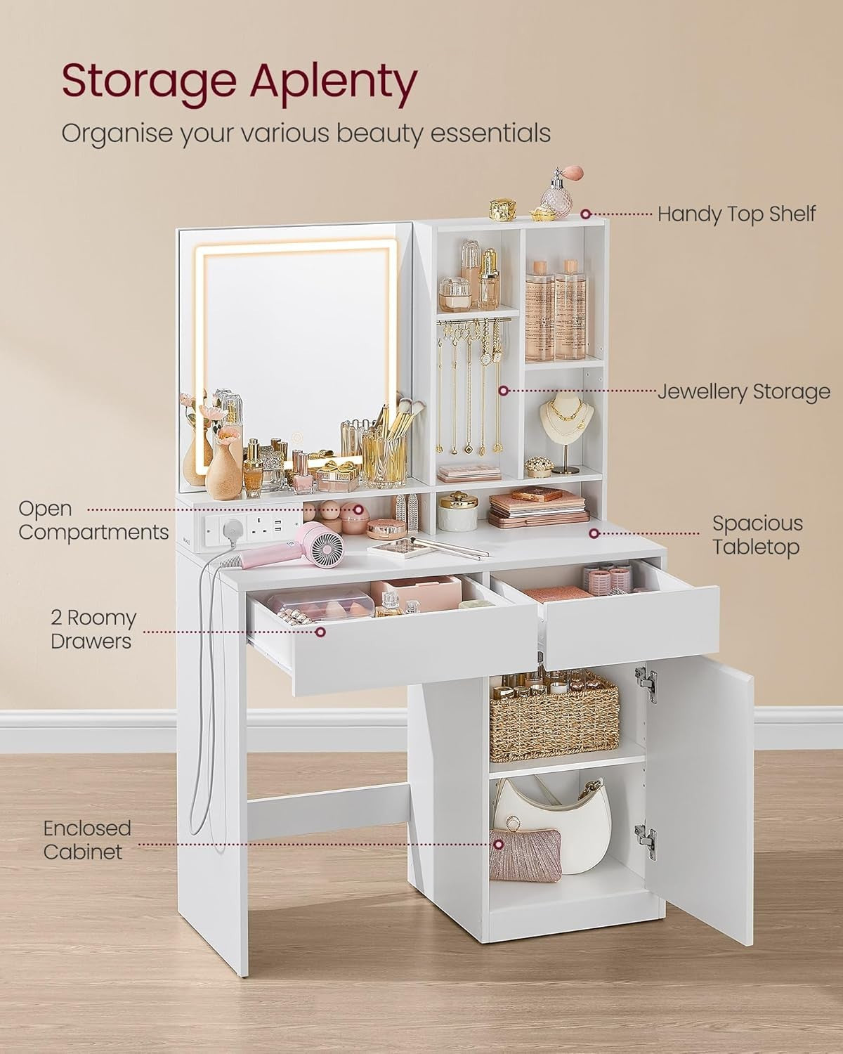 Vanity Dressing Table Desk w/ Lighted Mirror USB AC Outlet Storage Drawers