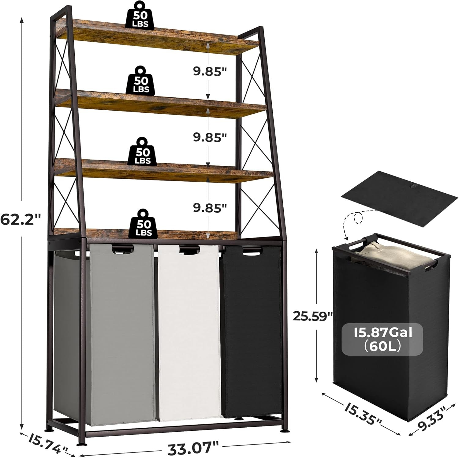 3 Section Laundry Hamper with 4 Tier Shelf Rustic Brown Unit Removable Bags Whee