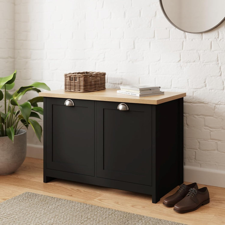 Black Shoe Storage Cabinet 4 Shelves with Oak Top Compact Sideboard