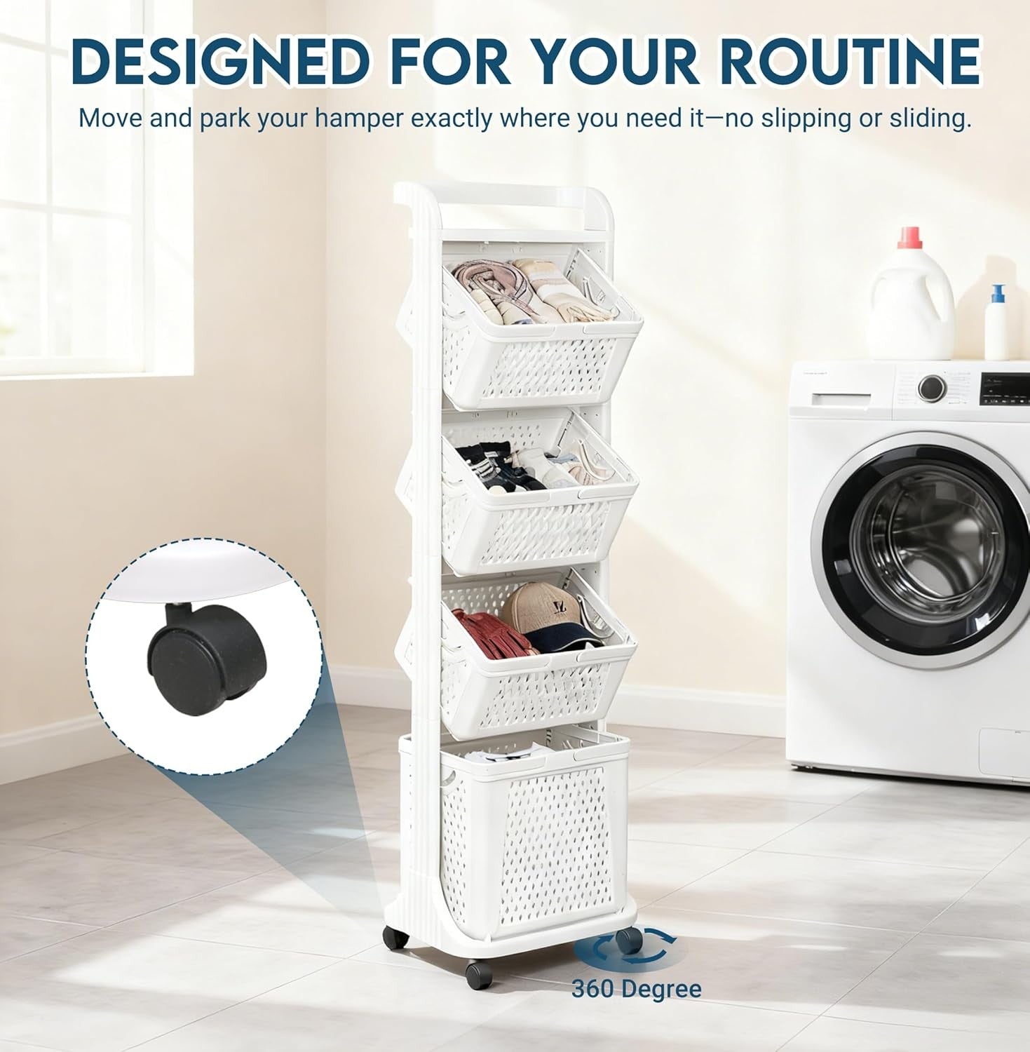 4 Tier Laundry Basket with Wheels 92L – Tall Slim Laundry Sorter with Movable Ba