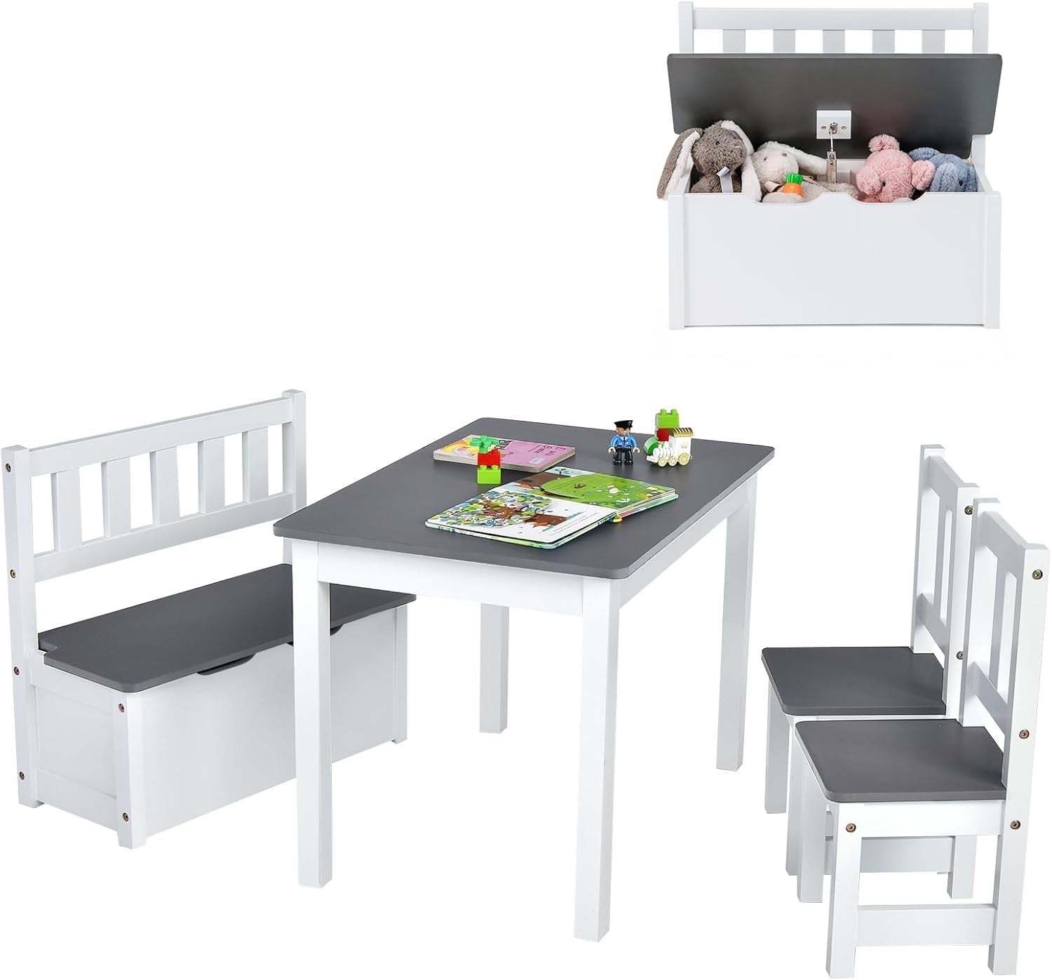 Kids Wooden Table Chair Set with Storage Bench – Grey Toddler Activity Desk