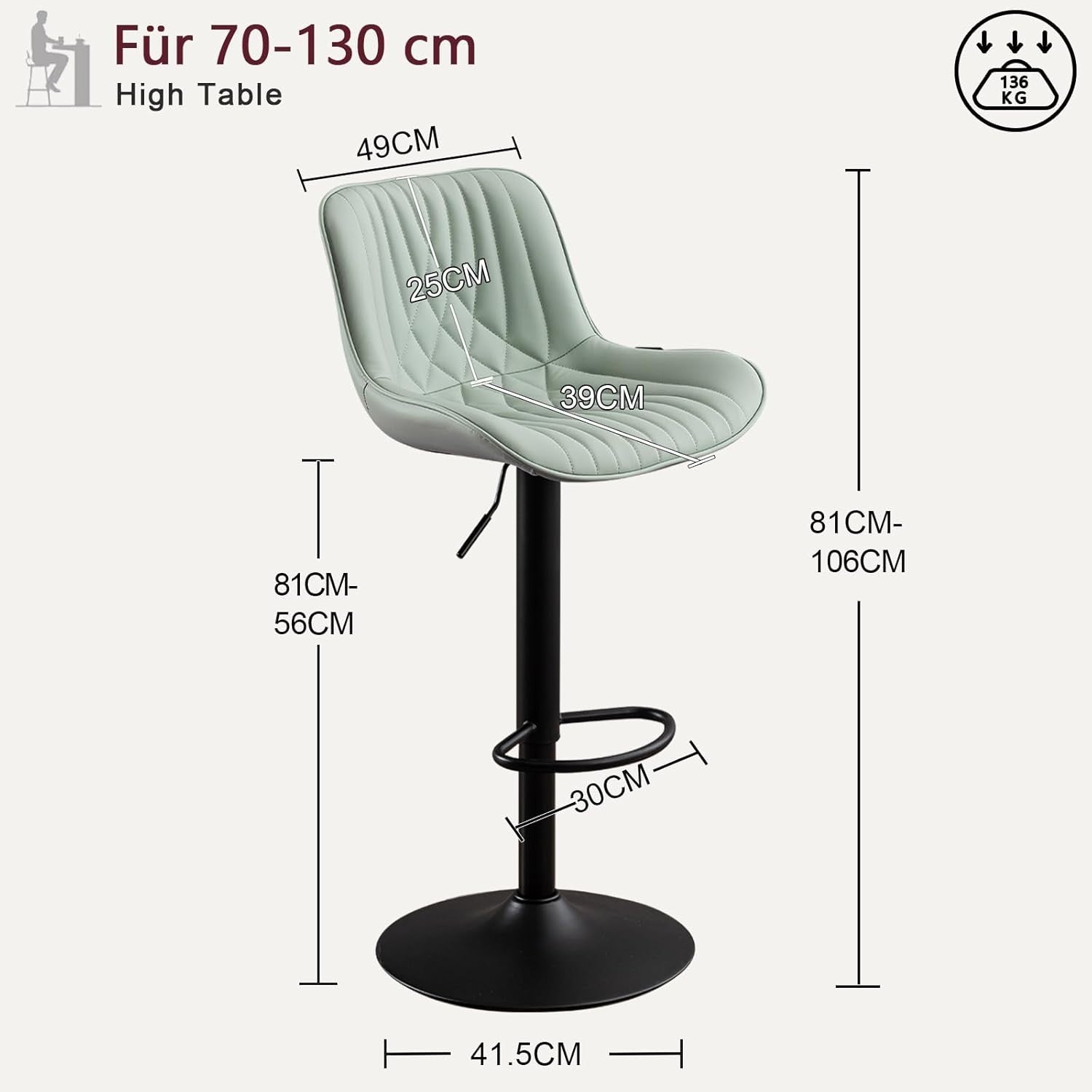 Mint Green Bar Stool PU Leather Swivel Height Adjustable Kitchen Chair