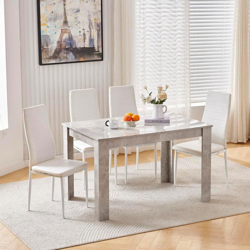 Luxury Dining Set 120cm Grey Marble Table + 4 White Leather Chairs