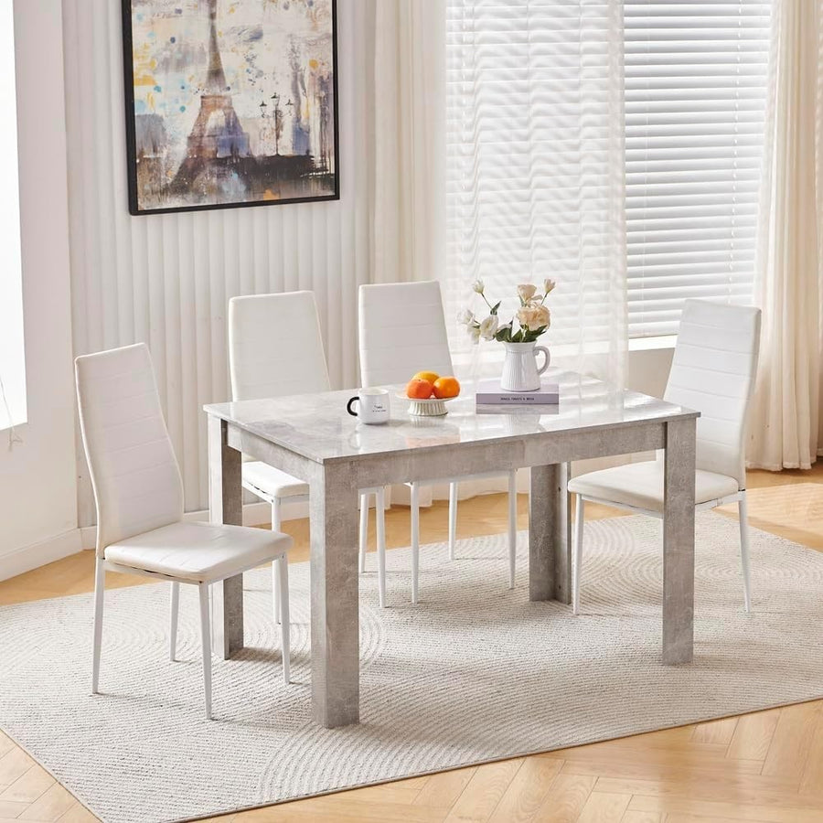Luxury Dining Set 120cm Grey Marble Table + 4 White Leather Chairs