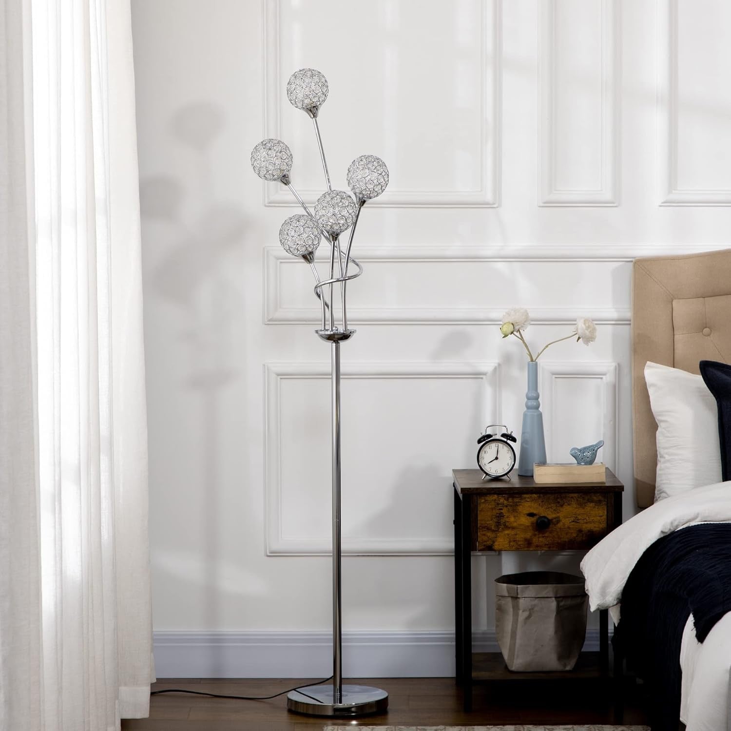 5 Light Floor Lamp Silver Standing Modern Crystal Shade Living Room Bedroom