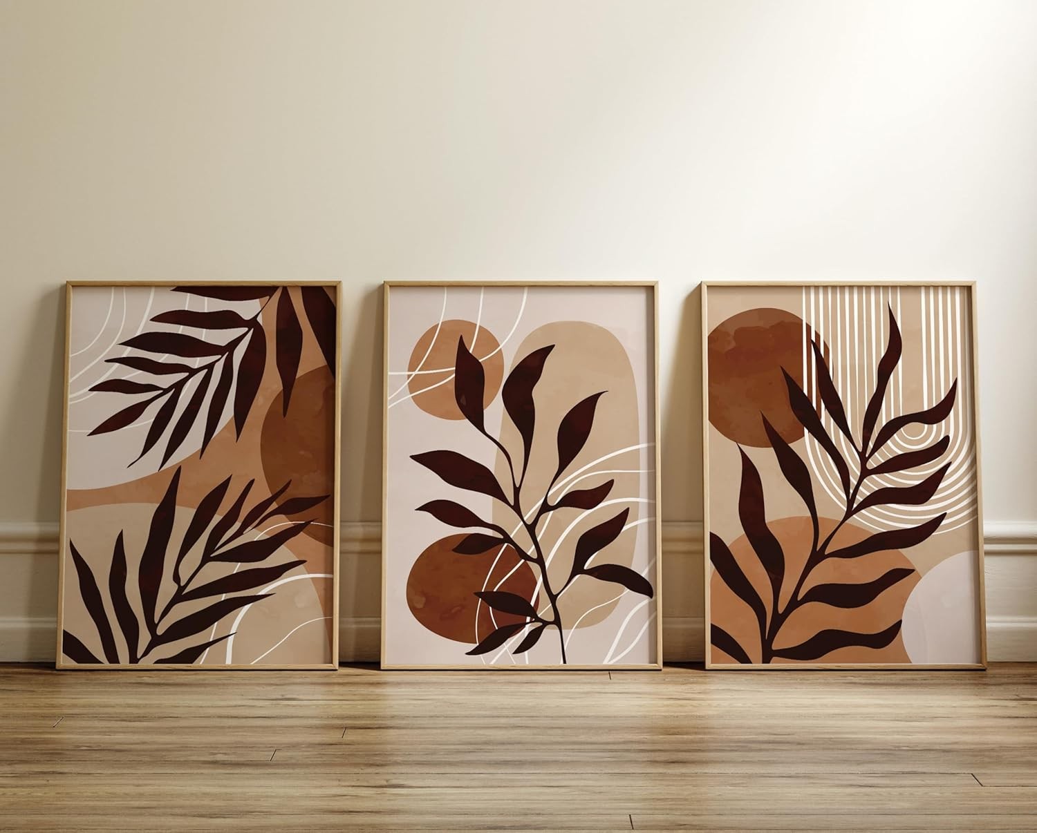 Set of 3 Boho Abstract Wall Art Prints Beige Brown Modern Living Room Decor