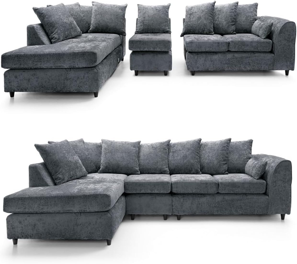 5 Seater Left Hand Corner Sofa – Charcoal Grey Chenille L Shape Couch Set