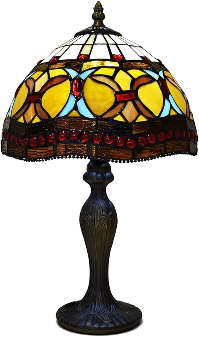 Antique Floral Tiffany Table Lamp, Stained Glass Shade, 42cm Height