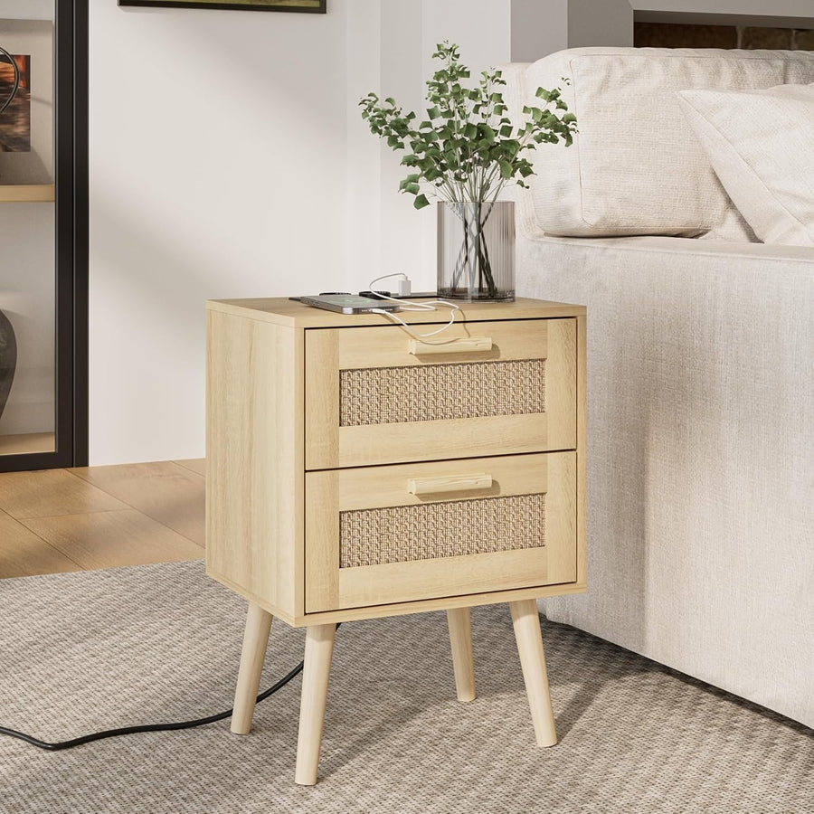 Rattan Bedside Table with 2 Drawers | Natural Wooden Nightstand for Bedroom