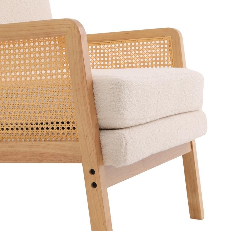 White Teddy Fleece Rattan Armchair Lounge Chair Modern Wood Accent Seat