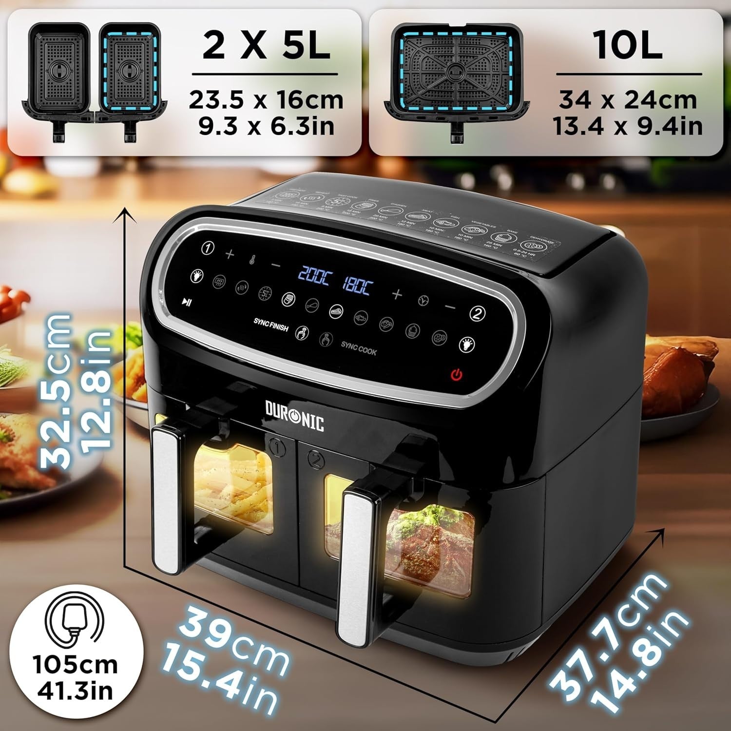 XL 19.5L Triple Drawer Digital Air Fryer | Dual Zone | 10-in-1 Presets | Viewing