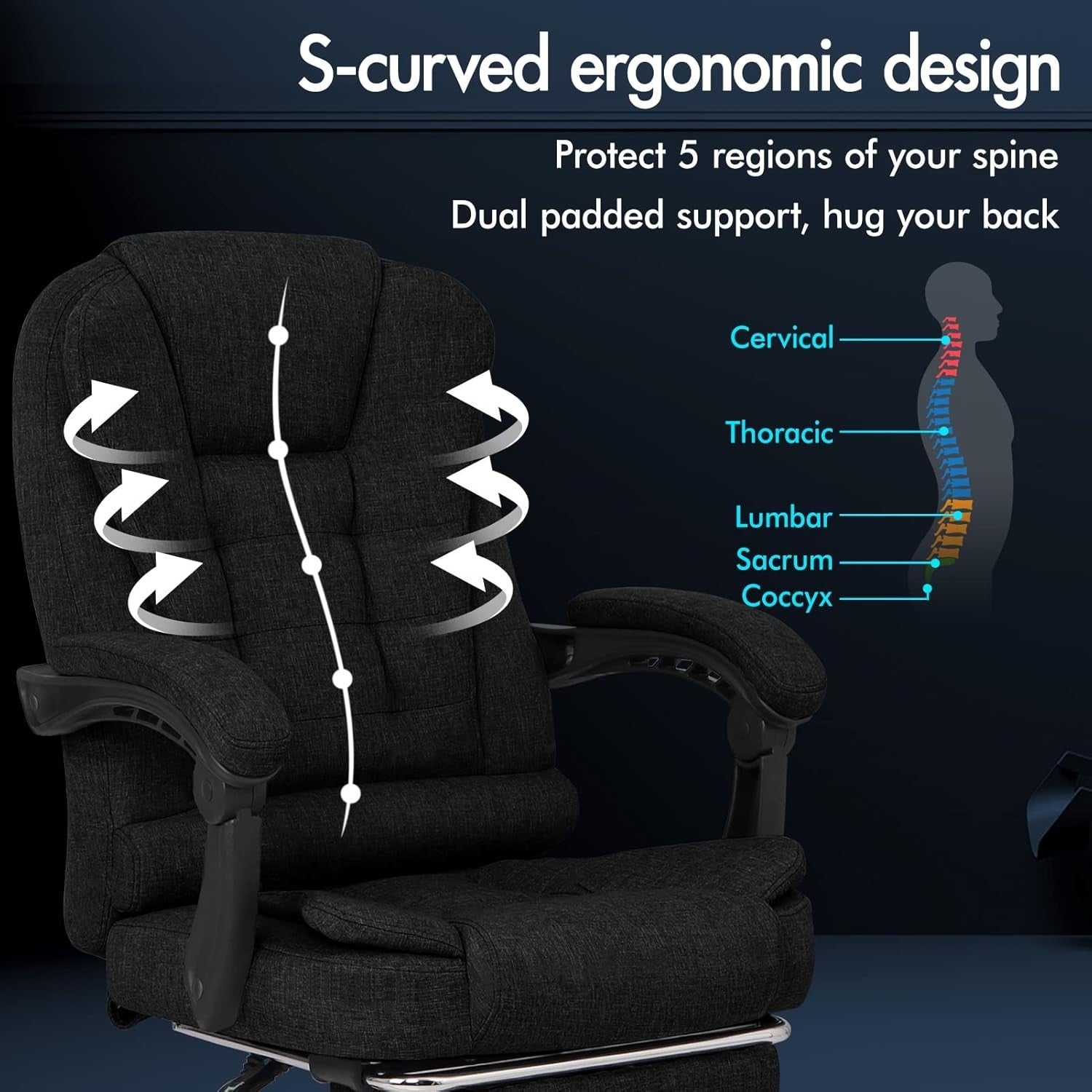Executive Reclining Desk Chair 150° Massage Swivel Linen Ergonomic S-Curve