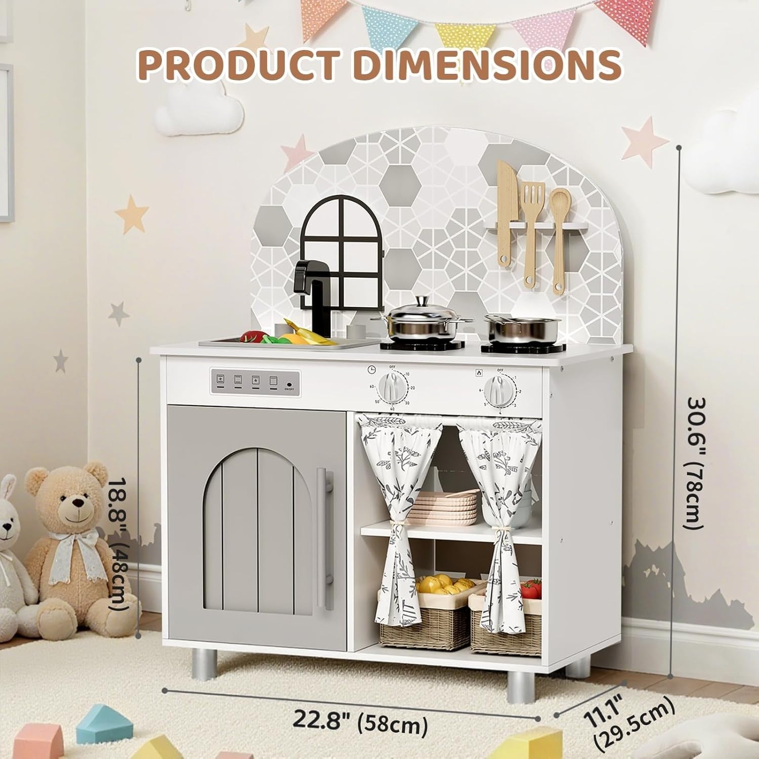 Kids Wooden Play Kitchen w/ Real Sound Stove White Toy Set