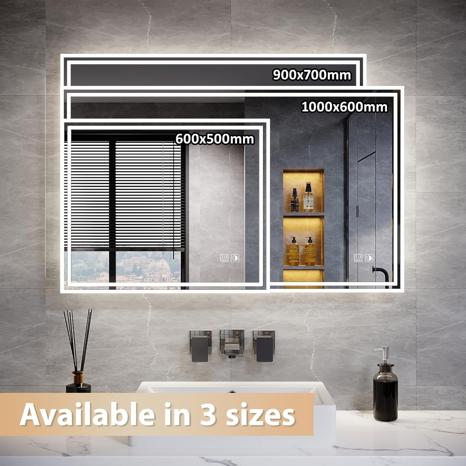 LED Bathroom Mirror 100x60cm with Demister, Dimmable Lights, Touch Sensor