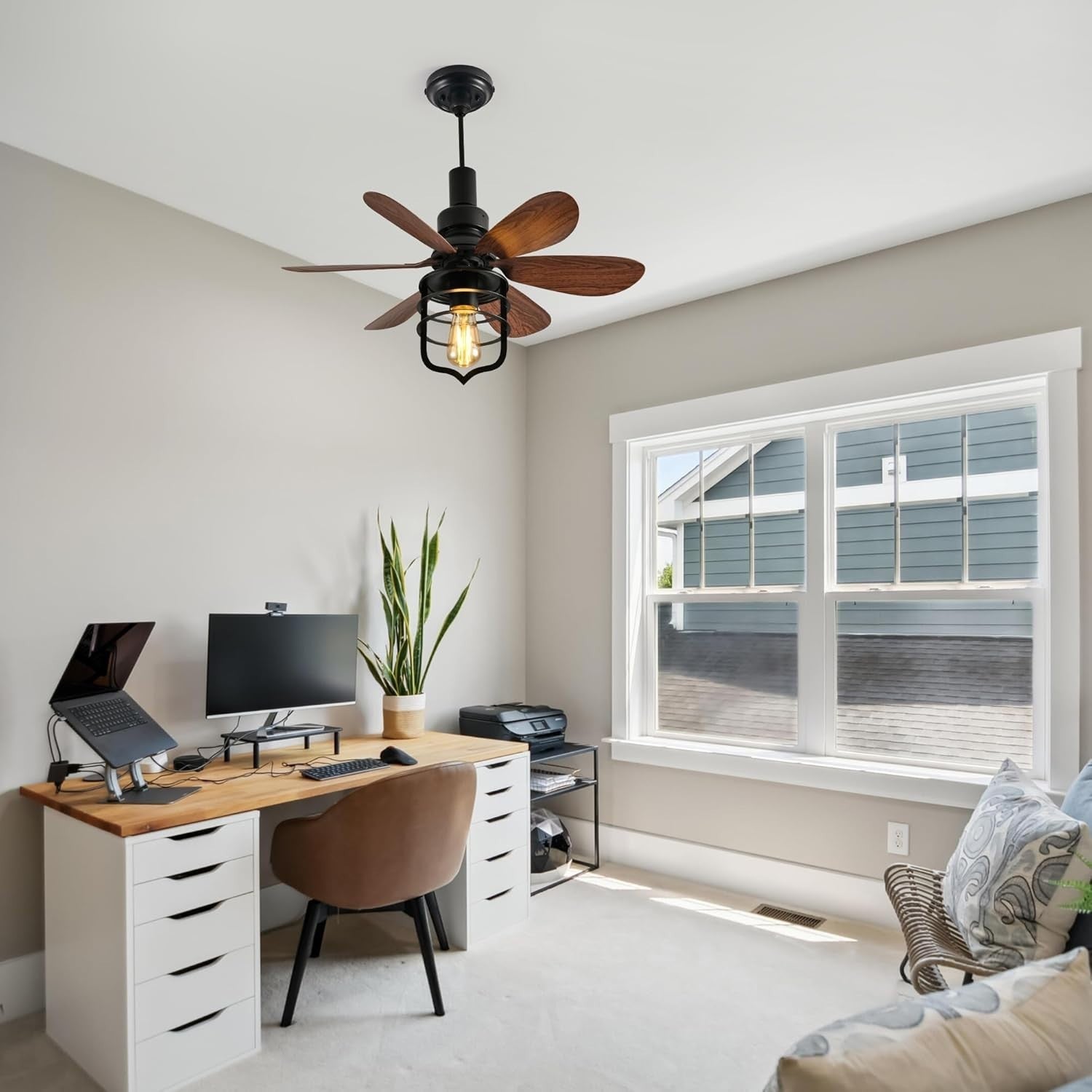 Ceiling Fan Light with Remote, 3 Speeds, Industrial Style, Black E27 Lamp