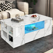 White Marble High Gloss Coffee Table with LED Lights, 2 Drawers & Storage