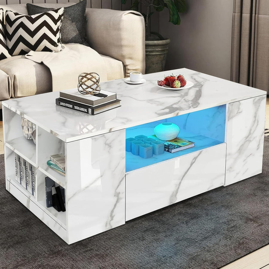 White Marble High Gloss Coffee Table with LED Lights, 2 Drawers & Storage