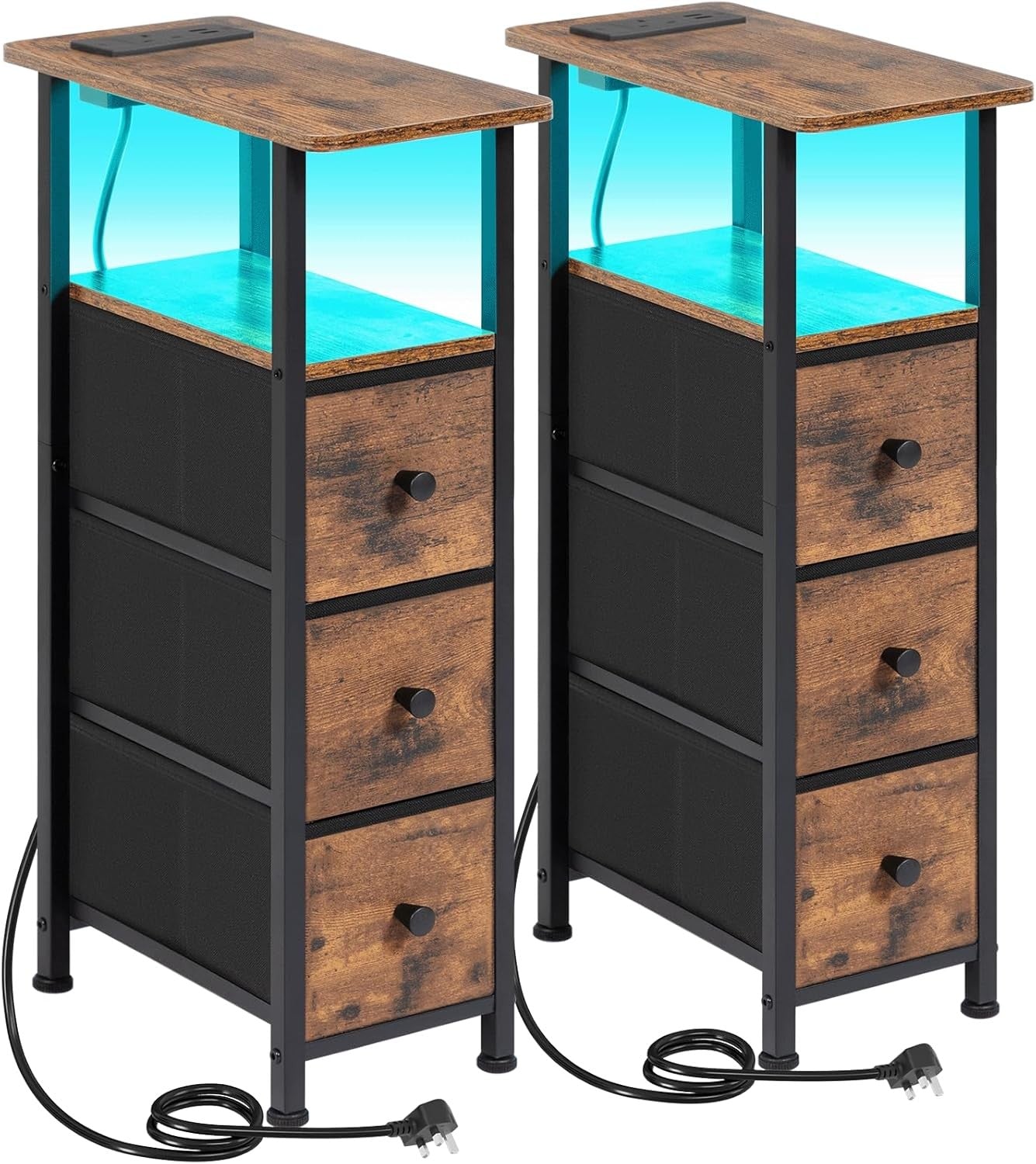 Slim Bedside Tables Set of 2 with LED Light, Charging Ports & Storage Drawers