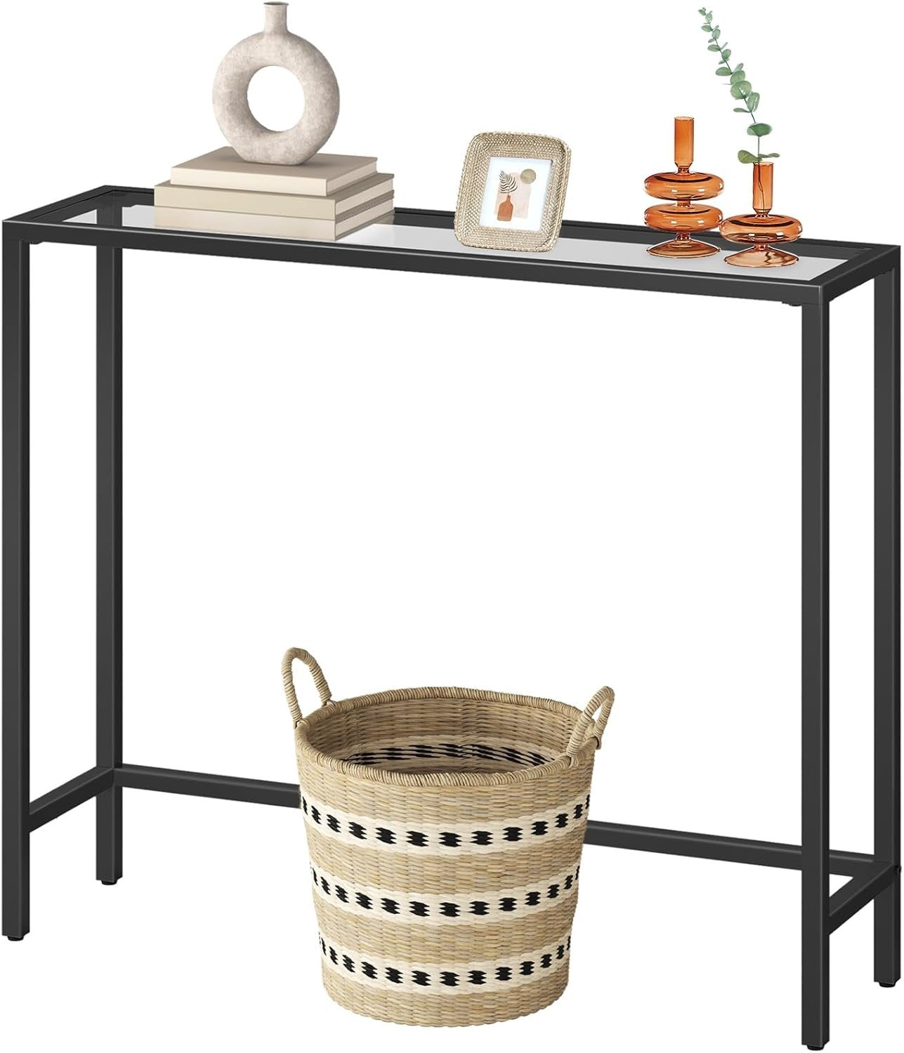 Slim Black Console Table with Glass Top, Modern Metal Frame, 75x22x80cm