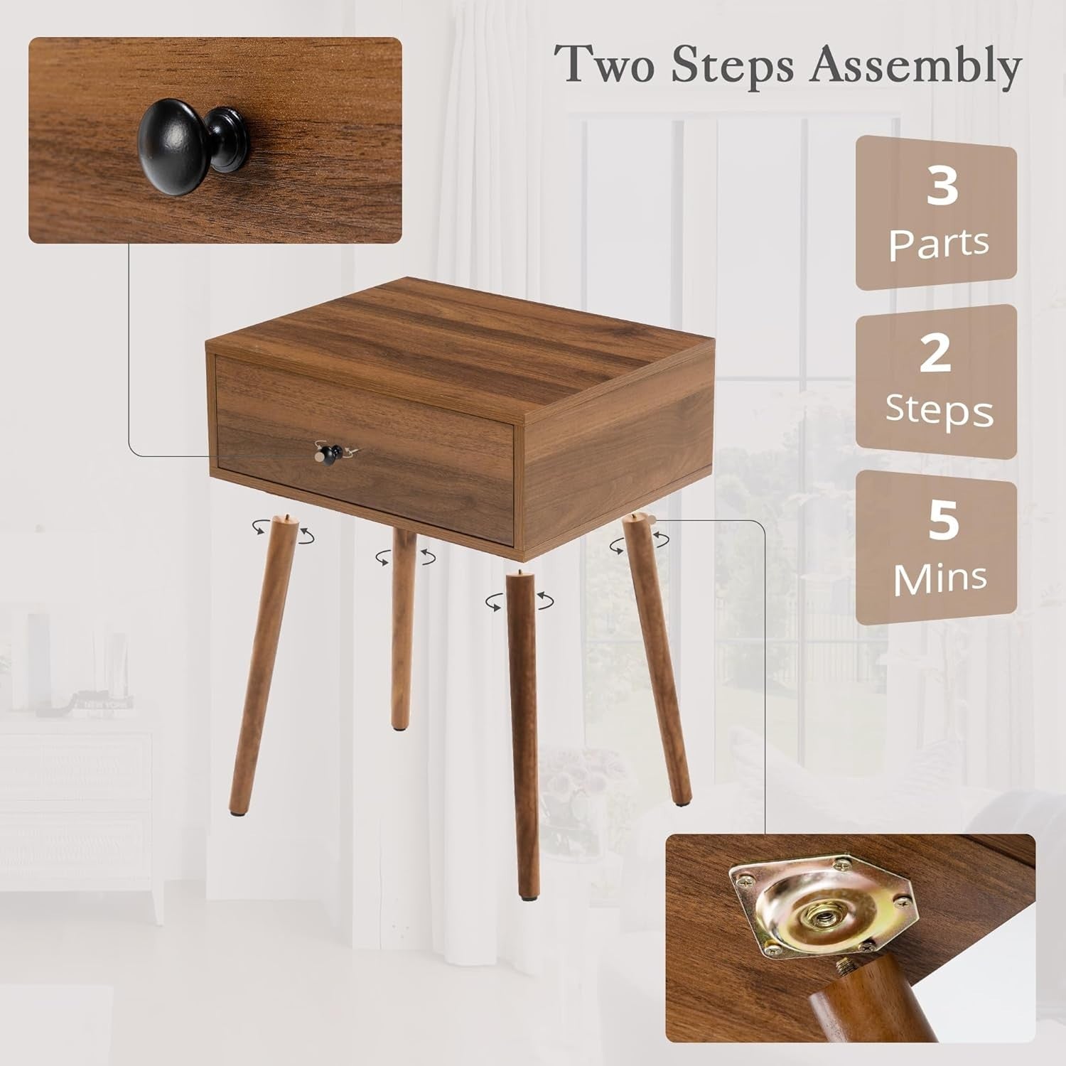 Mid Century Walnut Bedside Table with Drawer & Hidden Storage Shelf