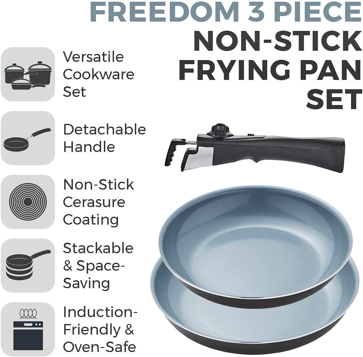 3Pcs Grey Ceramic Non Stick Frying Pan Set – 24 & 28cm with Detachable Handle