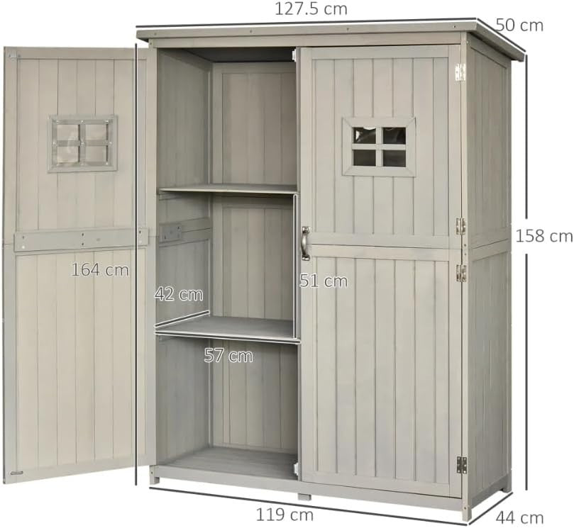 127x50x164cm Wooden Garden Shed Grey Storage Box Outdoor Cabinet