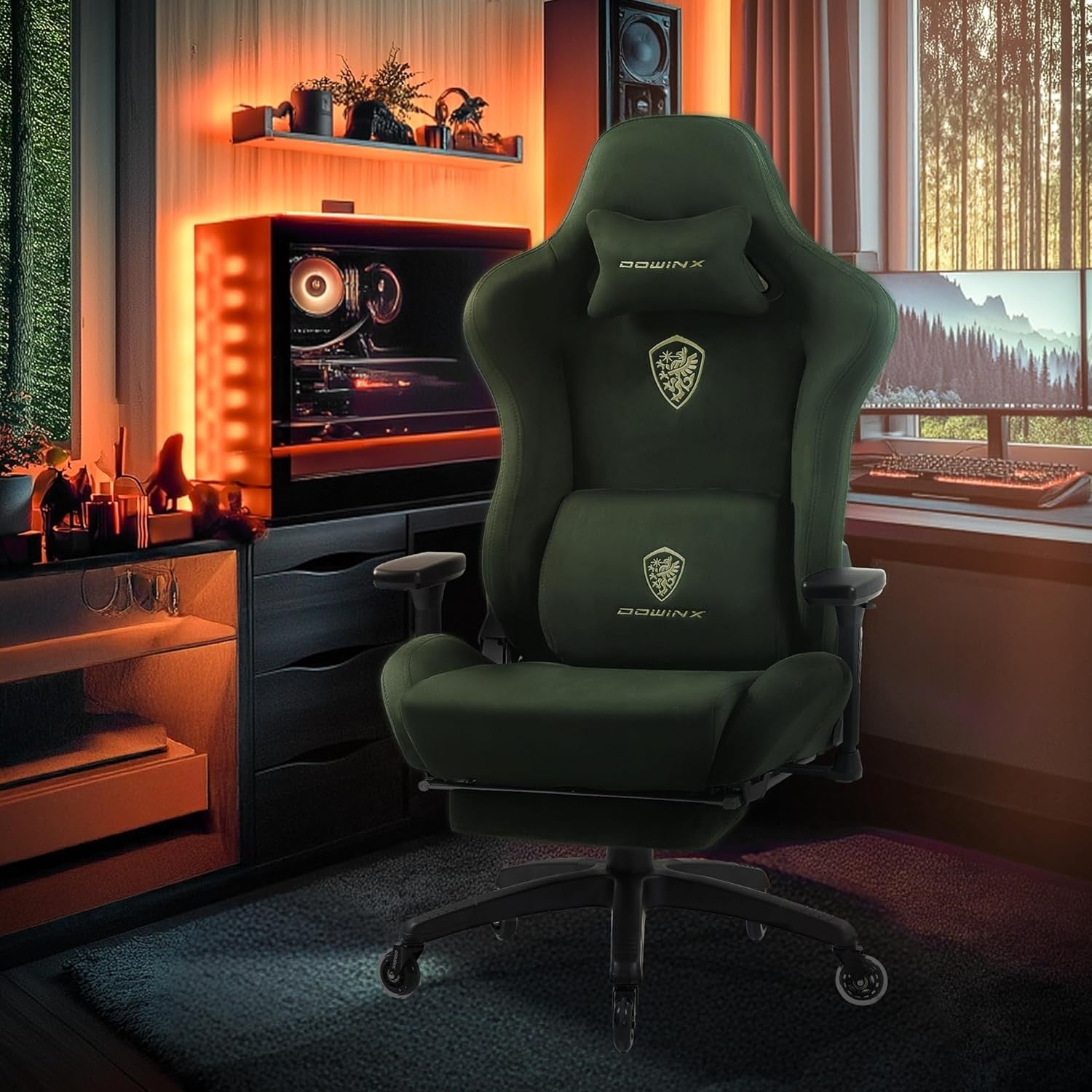 Big & Tall Gaming Chair 160° Recline Footrest Massage Green