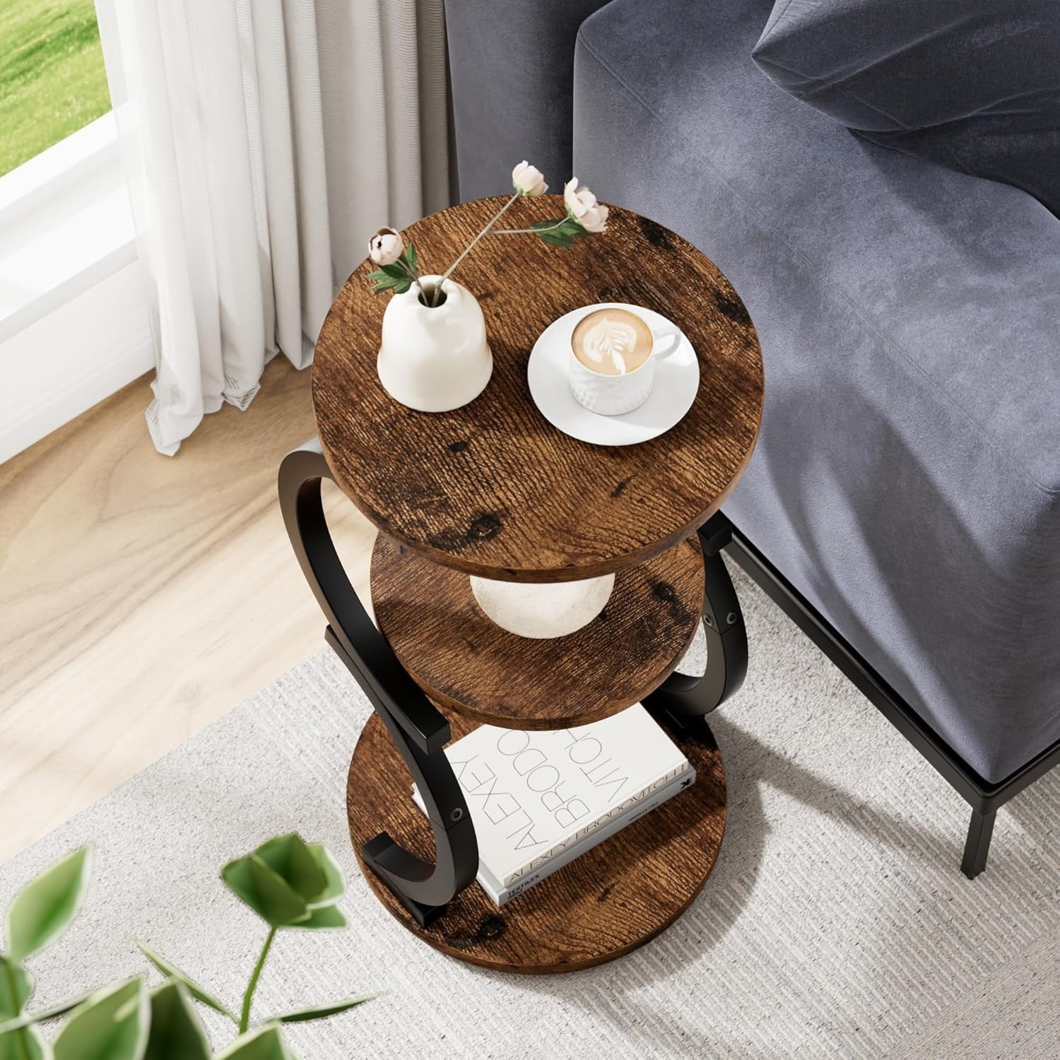 3-Tier Round Small Side Table with Storage, Rustic Brown S-Shaped End Table