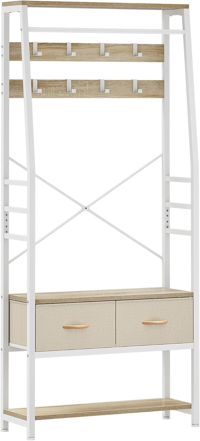 Beige Hall Tree Coat Rack with Bench | Shoe Storage & Drawers Entryway Stand