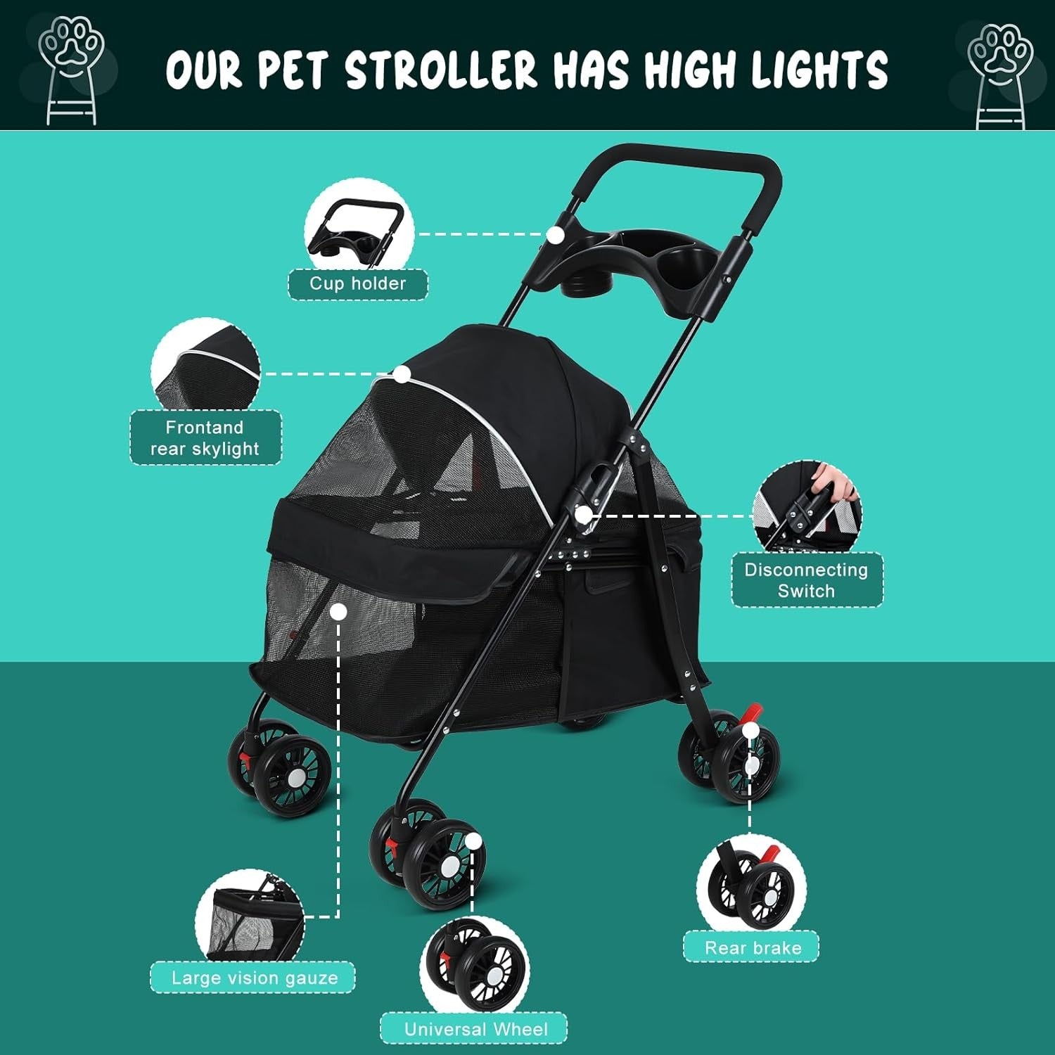 Pet Stroller for Dogs & Cats 4 Wheel Foldable Travel Pram Brake Mesh