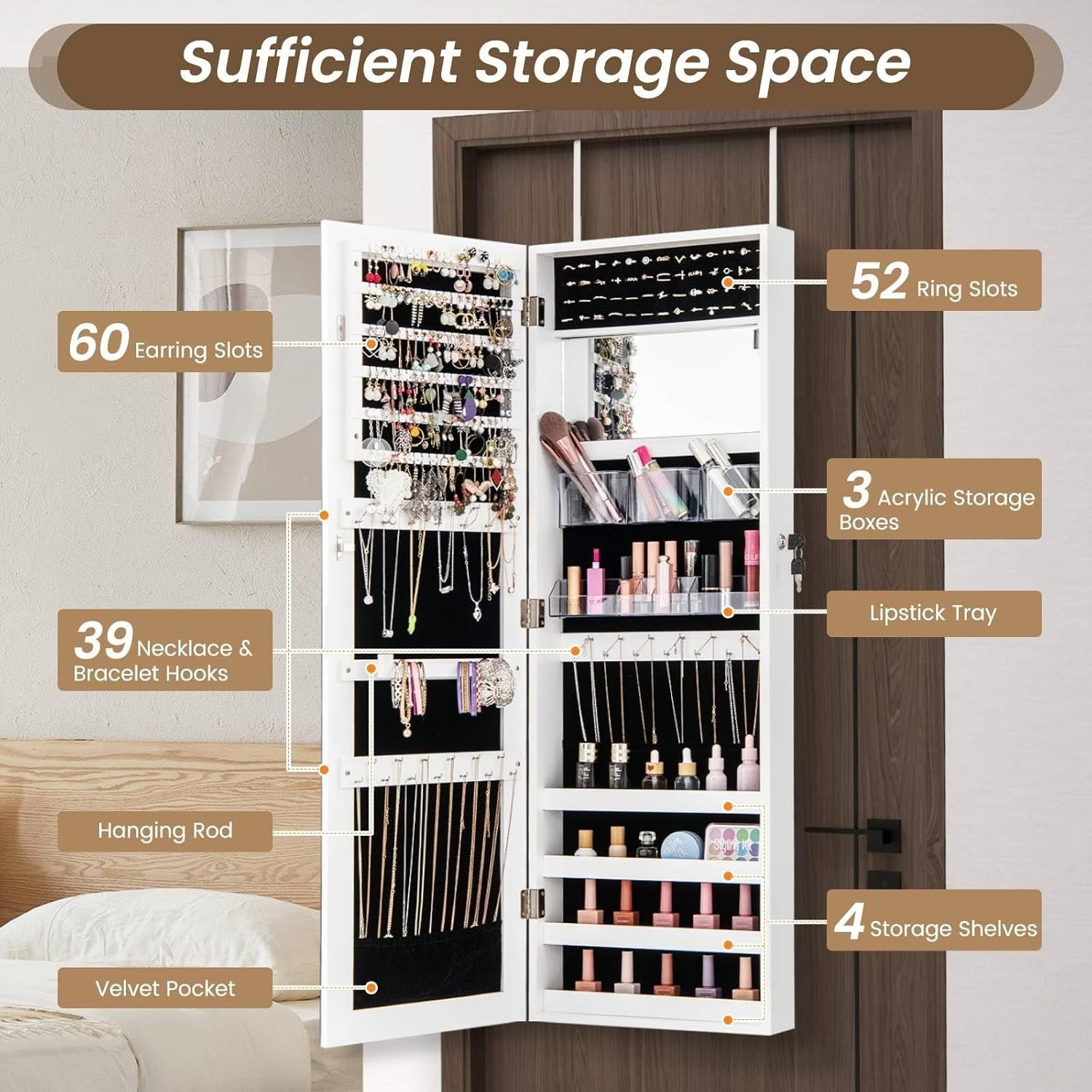 White Mirrored Jewelry Cabinet Wall Mounted Lockable Slim Storage Organizer