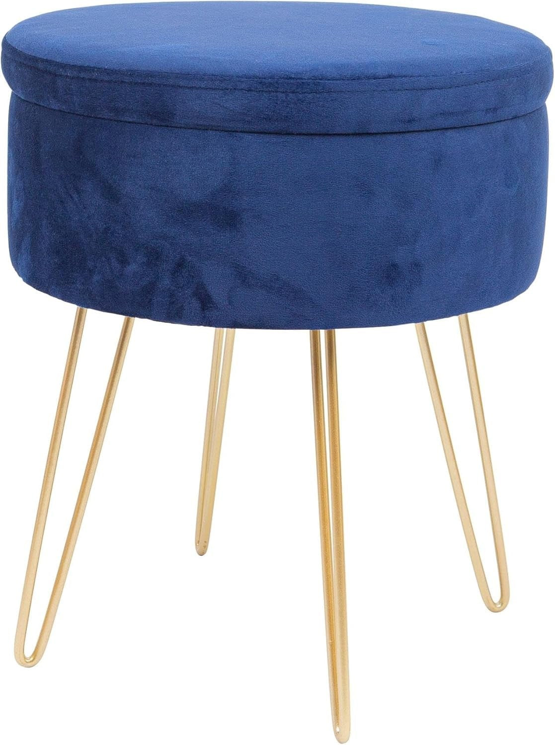 Blue Velvet Round Footstool with Storage & Gold Legs – Modern Vanity Seat